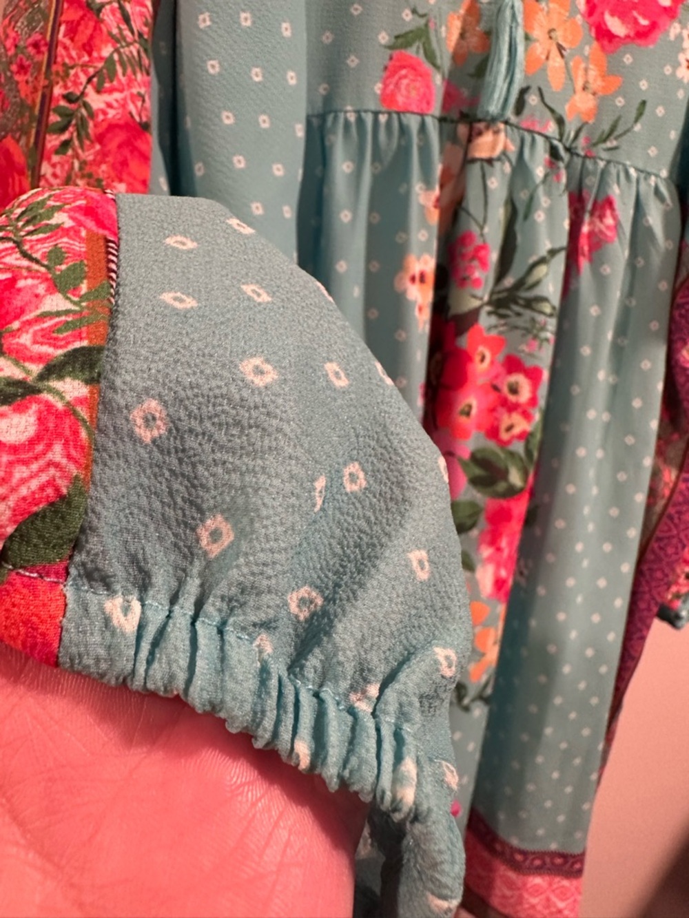 Umgee Boho Mixed Floral Print Babydoll Dress Teal Tassel Long Sleeve Ocean Large - Picture 10 of 16
